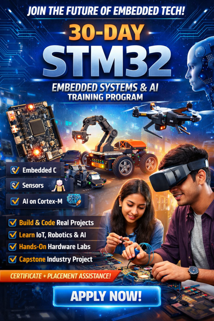 futuristic tech graphics, a STM32 development board, robotics arm, drone, smart vehicle, and two students assembling electronics, with highlights like Embedded C, Sensors, AI on Cortex-M, hands-on labs, real projects, certificate, and placement assistance, plus a call-to-action